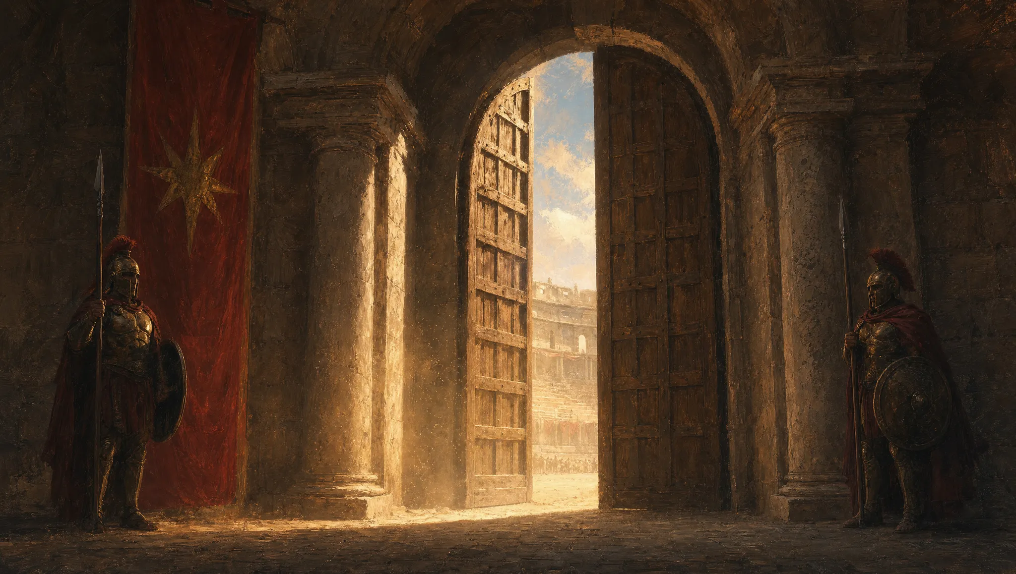 The arena gate opens at dawn beneath the house banner