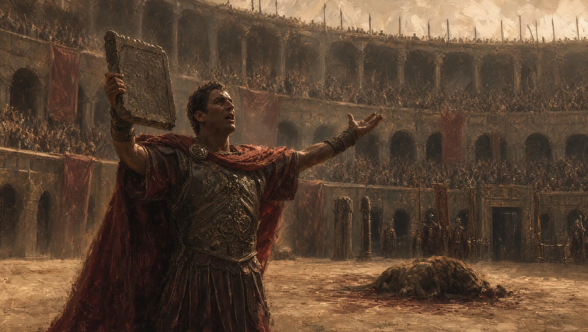 A herald reads a challenge from a stone tablet on the arena floor