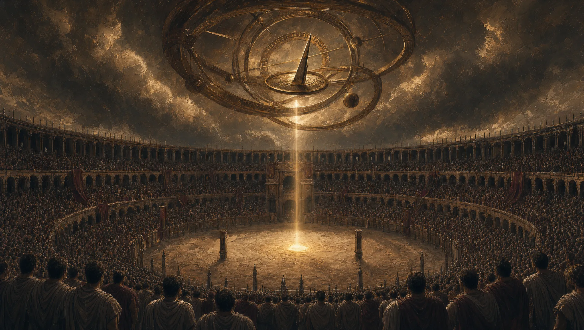 A celestial mechanism over the arena marks the moment