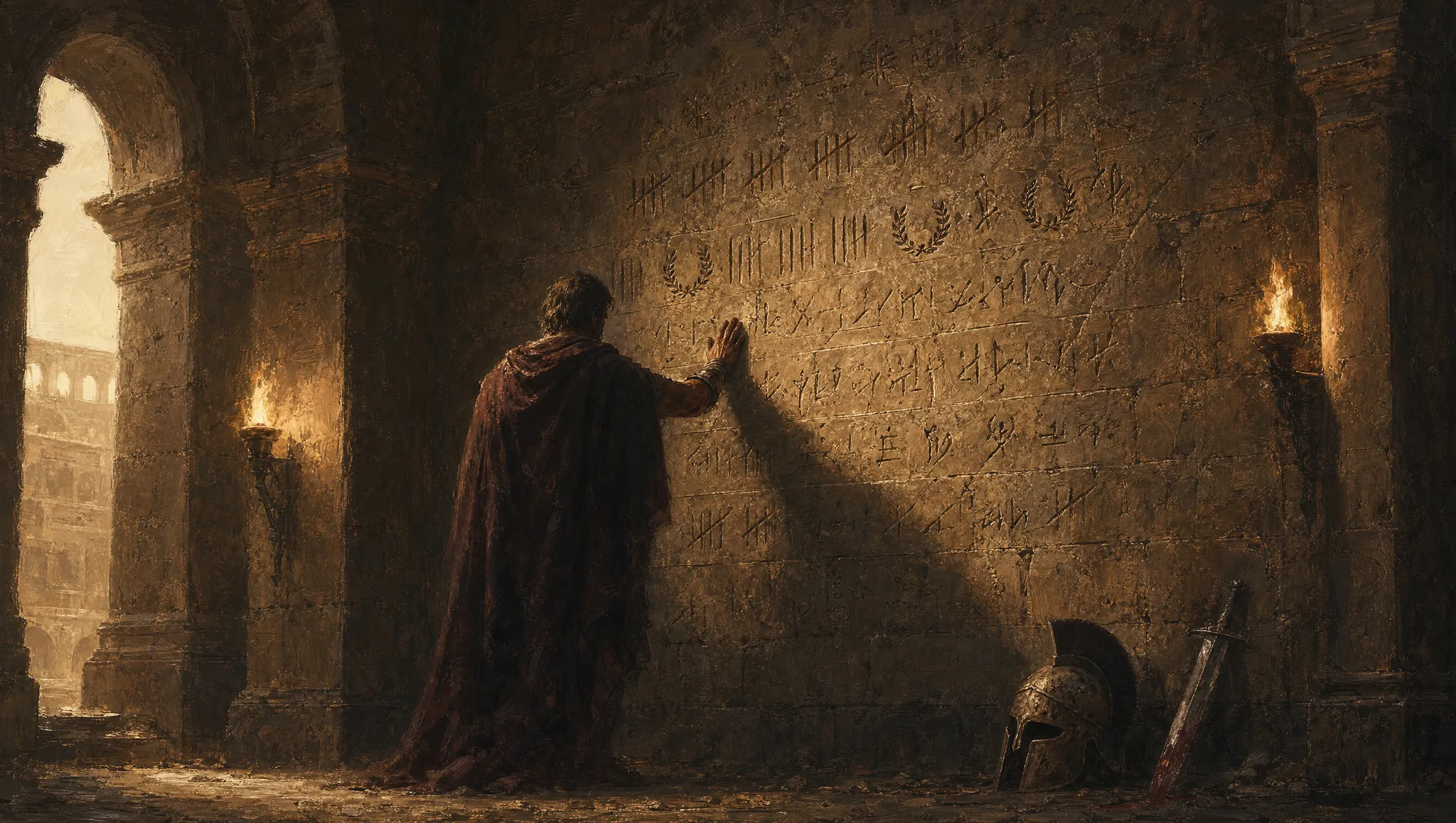 A stone ledger wall carved with tallies inside the Colosseum