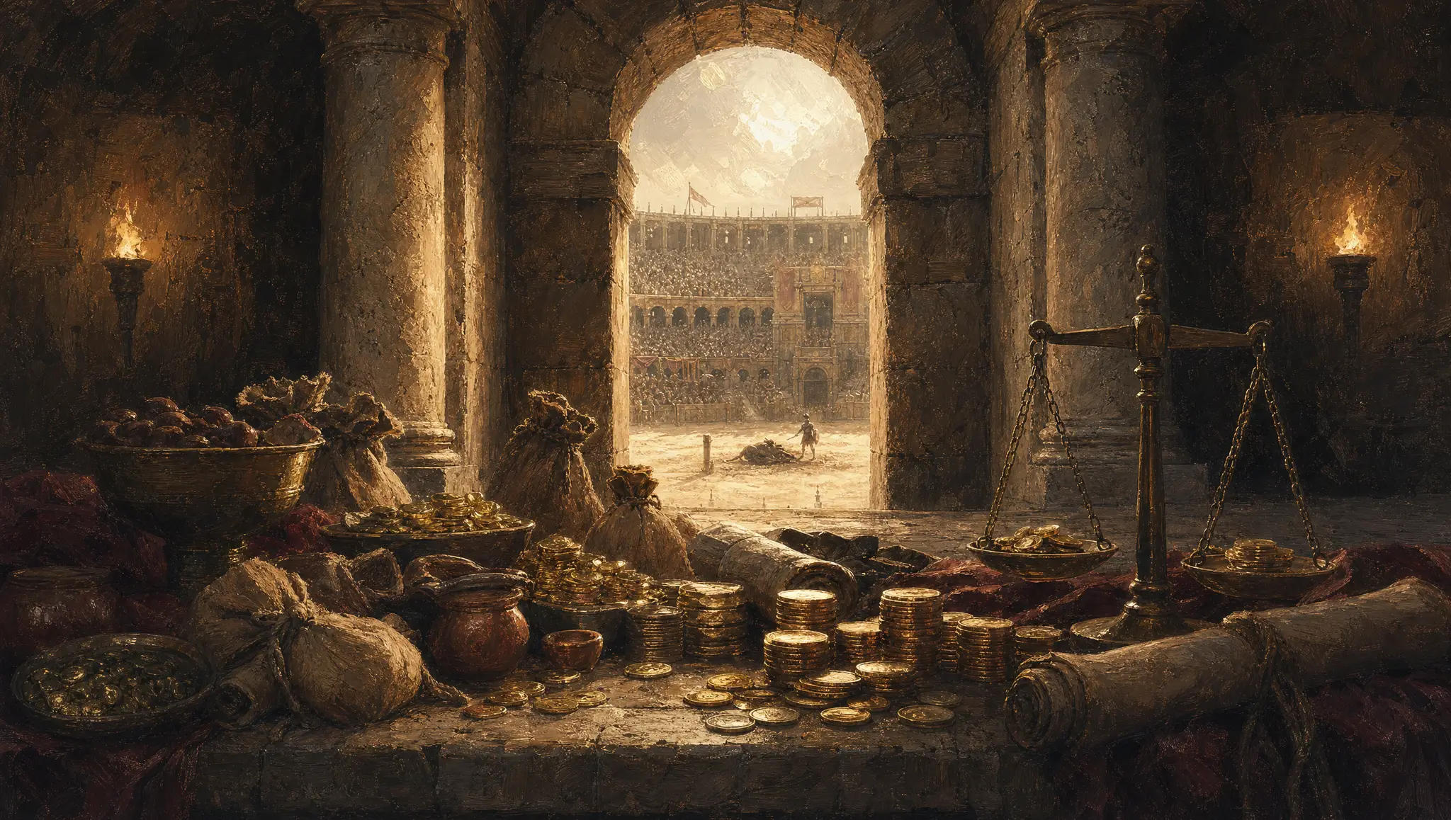 A merchant's table of coins and tokens under a Colosseum arch