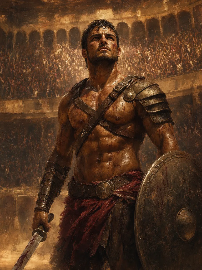 A gladiator with sword and shield on the arena sand